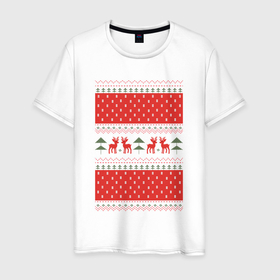 Мужская футболка хлопок с принтом Традиционный принт с оленями в Тюмени, 100% хлопок | прямой крой, круглый вырез горловины, длина до линии бедер, слегка спущенное плечо. | бабушка | вышивка | дикие животные | животное | звери | новогодний | новый год | норвежский | олени | олень | рождественский | рождество | традиционный