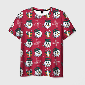 Мужская футболка 3D с принтом СНЕГOВИК В ЦИЛИНДРЕ в Тюмени, 100% полиэфир | прямой крой, круглый вырез горловины, длина до линии бедер | 2022 | год | зима | новый | праздник | рождество | снеговик | шапка