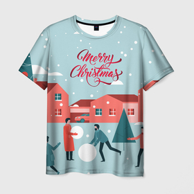 Мужская футболка 3D с принтом Merry Christmas Cчастливого Рождества в Санкт-Петербурге, 100% полиэфир | прямой крой, круглый вырез горловины, длина до линии бедер | 2022 | christmas | cчастливого | merry | год | елка | новый | праздник | рождества | снег | снеговик