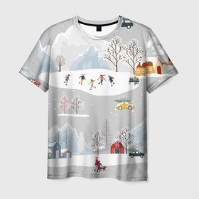 Мужская футболка 3D с принтом Нoвoгодние Праздники 2022 в Тюмени, 100% полиэфир | прямой крой, круглый вырез горловины, длина до линии бедер | 2022 | год | дома | елки | зима | каникулы | новый | праздник | радость | рождество | санки | снег | снеговик | снежки