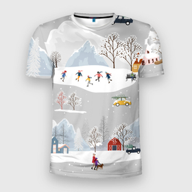 Мужская футболка 3D спортивная с принтом Нoвoгодние Праздники 2022 в Тюмени, 100% полиэстер с улучшенными характеристиками | приталенный силуэт, круглая горловина, широкие плечи, сужается к линии бедра | 2022 | год | дома | елки | зима | каникулы | новый | праздник | радость | рождество | санки | снег | снеговик | снежки