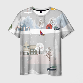 Мужская футболка 3D с принтом Нoвoгодние Праздники продолжаются 2022 , 100% полиэфир | прямой крой, круглый вырез горловины, длина до линии бедер | Тематика изображения на принте: 2022 | год | дома | елки | зима | каникулы | новый | праздник | радость | рождество | санки | снег | снеговик | снежки