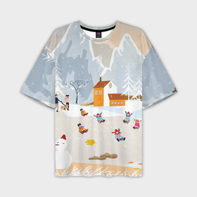 Мужская футболка OVERSIZE 3D с принтом Зимние Забавы 2022 в Екатеринбурге,  |  | 2022 | год | дед | дети | зима | коньки | мороз. | новый | праздники | радость | рождество | санки | санта | снег | счастливого