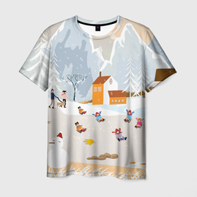 Мужская футболка 3D с принтом Зимние Забавы 2022 в Белгороде, 100% полиэфир | прямой крой, круглый вырез горловины, длина до линии бедер | 2022 | год | дед | дети | зима | коньки | мороз. | новый | праздники | радость | рождество | санки | санта | снег | счастливого