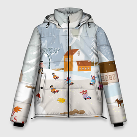Мужская зимняя куртка 3D с принтом Зимние Забавы 2022 в Санкт-Петербурге, верх — 100% полиэстер; подкладка — 100% полиэстер; утеплитель — 100% полиэстер | длина ниже бедра, свободный силуэт Оверсайз. Есть воротник-стойка, отстегивающийся капюшон и ветрозащитная планка. 

Боковые карманы с листочкой на кнопках и внутренний карман на молнии. | Тематика изображения на принте: 2022 | год | дед | дети | зима | коньки | мороз. | новый | праздники | радость | рождество | санки | санта | снег | счастливого