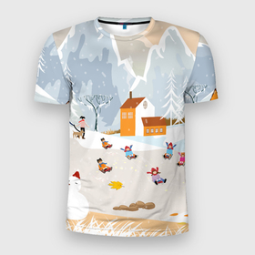 Мужская футболка 3D спортивная с принтом Зимние Забавы 2022 в Петрозаводске, 100% полиэстер с улучшенными характеристиками | приталенный силуэт, круглая горловина, широкие плечи, сужается к линии бедра | 2022 | год | дед | дети | зима | коньки | мороз. | новый | праздники | радость | рождество | санки | санта | снег | счастливого