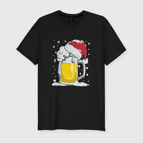 Мужская футболка хлопок Slim с принтом Новогодняя кружка пивасика в Екатеринбурге, 92% хлопок, 8% лайкра | приталенный силуэт, круглый вырез ворота, длина до линии бедра, короткий рукав | Тематика изображения на принте: 2022 | кружка | новогодняя | новый год