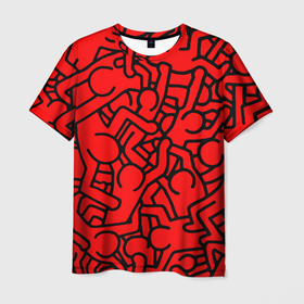 Мужская футболка 3D с принтом Челопаззл в Белгороде, 100% полиэфир | прямой крой, круглый вырез горловины, длина до линии бедер | абстракция | красный | пестрый | пиктограмма | человечки