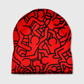 Шапка 3D с принтом Челопаззл в Тюмени, 100% полиэстер | универсальный размер, печать по всей поверхности изделия | абстракция | красный | пестрый | пиктограмма | человечки
