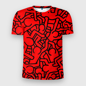Мужская футболка 3D спортивная с принтом Челопаззл в Белгороде, 100% полиэстер с улучшенными характеристиками | приталенный силуэт, круглая горловина, широкие плечи, сужается к линии бедра | абстракция | красный | пестрый | пиктограмма | человечки