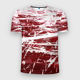 Мужская футболка 3D спортивная с принтом CRAZY RED в Белгороде, 100% полиэстер с улучшенными характеристиками | приталенный силуэт, круглая горловина, широкие плечи, сужается к линии бедра | Тематика изображения на принте: абстракция | красно белый | красный | пестрый | царапины