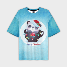 Мужская футболка OVERSIZE 3D с принтом Панда 2022 в Новосибирске,  |  | new year | арт | графика | зима | новый год | панда | рождество