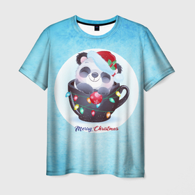 Мужская футболка 3D с принтом Панда 2022 в Санкт-Петербурге, 100% полиэфир | прямой крой, круглый вырез горловины, длина до линии бедер | new year | арт | графика | зима | новый год | панда | рождество