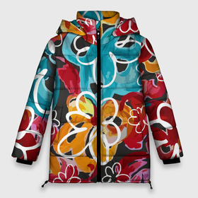 Женская зимняя куртка Oversize с принтом Цветочный фейерверк в Новосибирске, верх — 100% полиэстер; подкладка — 100% полиэстер; утеплитель — 100% полиэстер | длина ниже бедра, силуэт Оверсайз. Есть воротник-стойка, отстегивающийся капюшон и ветрозащитная планка. 

Боковые карманы с листочкой на кнопках и внутренний карман на молнии | графика | картина | рисунок | цвет | цветок