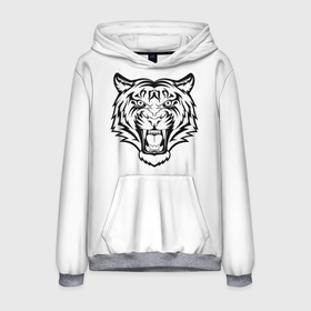 Мужская толстовка 3D с принтом черно белый тигр в Курске, 100% полиэстер | двухслойный капюшон со шнурком для регулировки, мягкие манжеты на рукавах и по низу толстовки, спереди карман-кенгуру с мягким внутренним слоем. | Тематика изображения на принте: год тигра | новый год | полоски | символ 2022 года | тигр | хищьник