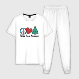 Мужская пижама хлопок с принтом Peace Love and Christmas , 100% хлопок | брюки и футболка прямого кроя, без карманов, на брюках мягкая резинка на поясе и по низу штанин
 | Тематика изображения на принте: art | christmas | drawing | heart | love | new year | peace | tree | арт | елка | любовь | мир | новый год | рисунок | рождество | сердце