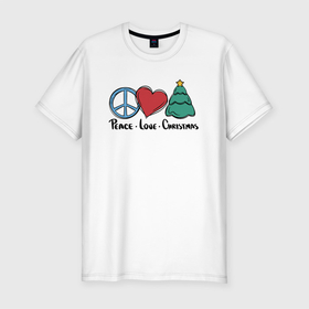 Мужская футболка хлопок Slim с принтом Peace Love and Christmas в Курске, 92% хлопок, 8% лайкра | приталенный силуэт, круглый вырез ворота, длина до линии бедра, короткий рукав | Тематика изображения на принте: art | christmas | drawing | heart | love | new year | peace | tree | арт | елка | любовь | мир | новый год | рисунок | рождество | сердце