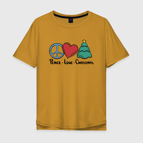 Мужская футболка хлопок Oversize с принтом Peace Love and Christmas в Екатеринбурге, 100% хлопок | свободный крой, круглый ворот, “спинка” длиннее передней части | art | christmas | drawing | heart | love | new year | peace | tree | арт | елка | любовь | мир | новый год | рисунок | рождество | сердце