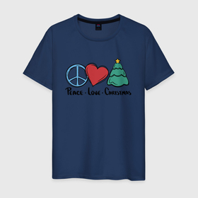 Мужская футболка хлопок с принтом Peace Love and Christmas в Курске, 100% хлопок | прямой крой, круглый вырез горловины, длина до линии бедер, слегка спущенное плечо. | art | christmas | drawing | heart | love | new year | peace | tree | арт | елка | любовь | мир | новый год | рисунок | рождество | сердце