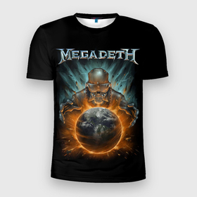 Мужская футболка 3D Slim с принтом Megadeth on world в Тюмени, 100% полиэстер с улучшенными характеристиками | приталенный силуэт, круглая горловина, широкие плечи, сужается к линии бедра | alternative | megadeth | metall | music | rock | альтернатива | мегадез | металл | музыка | рок