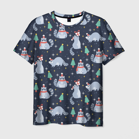 Мужская футболка 3D с принтом Eноты в Курске, 100% полиэфир | прямой крой, круглый вырез горловины, длина до линии бедер | год | еноты | новый | пожарки | праздники | рождество | снег | узор