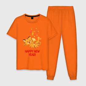 Мужская пижама хлопок с принтом Happy New Year Тигренок 2022 в Петрозаводске, 100% хлопок | брюки и футболка прямого кроя, без карманов, на брюках мягкая резинка на поясе и по низу штанин
 | 2022 | год тигра | новый год | новый год 2022 | символ года | тигр | тигренок | тигрица | тигры