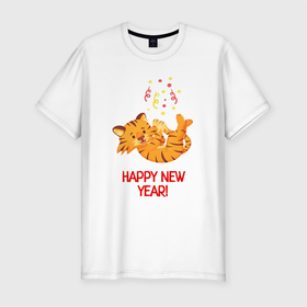 Мужская футболка хлопок Slim с принтом Happy New Year Тигренок 2022 , 92% хлопок, 8% лайкра | приталенный силуэт, круглый вырез ворота, длина до линии бедра, короткий рукав | 2022 | год тигра | новый год | новый год 2022 | символ года | тигр | тигренок | тигрица | тигры