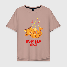 Мужская футболка хлопок Oversize с принтом Happy New Year Тигренок 2022 , 100% хлопок | свободный крой, круглый ворот, “спинка” длиннее передней части | 2022 | год тигра | новый год | новый год 2022 | символ года | тигр | тигренок | тигрица | тигры