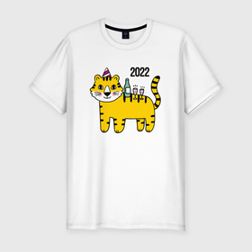 Мужская футболка хлопок Slim с принтом Тигр - новогодний стол в Петрозаводске, 92% хлопок, 8% лайкра | приталенный силуэт, круглый вырез ворота, длина до линии бедра, короткий рукав | 2022 | год тигра | новый год | новый год 2022 | символ года | тигр | тигренок | тигрица | тигры