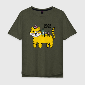 Мужская футболка хлопок Oversize с принтом Тигр - новогодний стол в Санкт-Петербурге, 100% хлопок | свободный крой, круглый ворот, “спинка” длиннее передней части | 2022 | год тигра | новый год | новый год 2022 | символ года | тигр | тигренок | тигрица | тигры