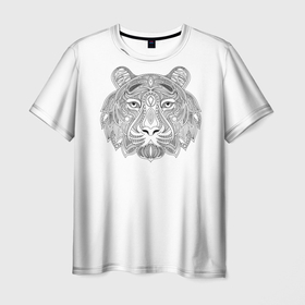 Мужская футболка 3D с принтом тигр из узоров в Петрозаводске, 100% полиэфир | прямой крой, круглый вырез горловины, длина до линии бедер | 2022 | новый год | тигр | узоры | черно белое
