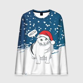 Мужской лонгслив 3D с принтом НОВОГОДНИЙ КОТ БЕНДЕР (МЕМ) в Петрозаводске, 100% полиэстер | длинные рукава, круглый вырез горловины, полуприлегающий силуэт | 2022 | 22 | bender | cat | christmas | meme | memes | meow | merry | new | snow | winter | year | бендер | год | зима | кот | кошка | мем | мемы | мяй | новый | рождество | снег | толстый