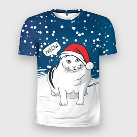 Мужская футболка 3D спортивная с принтом НОВОГОДНИЙ КОТ БЕНДЕР (МЕМ) в Кировске, 100% полиэстер с улучшенными характеристиками | приталенный силуэт, круглая горловина, широкие плечи, сужается к линии бедра | 2022 | 22 | bender | cat | christmas | meme | memes | meow | merry | new | snow | winter | year | бендер | год | зима | кот | кошка | мем | мемы | мяй | новый | рождество | снег | толстый