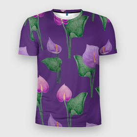 Мужская футболка 3D спортивная с принтом Разноцветные антуриумы на фиолетовом фоне в Новосибирске, 100% полиэстер с улучшенными характеристиками | приталенный силуэт, круглая горловина, широкие плечи, сужается к линии бедра | 8 марта | anthuriums | flowers | leaves | nature | антуриумы | ботаническая иллюстрация | день рождения | зеленый | листья | природа | растения | фиолетовый | цветы