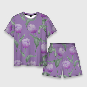 Мужской костюм с шортами 3D с принтом Фиолетовые тюльпаны с зелеными листьями ,  |  | 8 марта | flowers | leaves | nature | tulips | ботаническая иллюстрация | день рождения | зеленый | листья | природа | растения | тюльпаны | фиолетовый | цветы