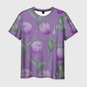 Мужская футболка 3D с принтом Фиолетовые тюльпаны с зелеными листьями в Тюмени, 100% полиэфир | прямой крой, круглый вырез горловины, длина до линии бедер | Тематика изображения на принте: 8 марта | flowers | leaves | nature | tulips | ботаническая иллюстрация | день рождения | зеленый | листья | природа | растения | тюльпаны | фиолетовый | цветы