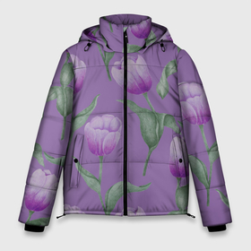 Мужская зимняя куртка 3D с принтом Фиолетовые тюльпаны с зелеными листьями в Петрозаводске, верх — 100% полиэстер; подкладка — 100% полиэстер; утеплитель — 100% полиэстер | длина ниже бедра, свободный силуэт Оверсайз. Есть воротник-стойка, отстегивающийся капюшон и ветрозащитная планка. 

Боковые карманы с листочкой на кнопках и внутренний карман на молнии. | 8 марта | flowers | leaves | nature | tulips | ботаническая иллюстрация | день рождения | зеленый | листья | природа | растения | тюльпаны | фиолетовый | цветы