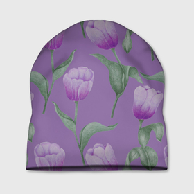 Шапка 3D с принтом Фиолетовые тюльпаны с зелеными листьями в Тюмени, 100% полиэстер | универсальный размер, печать по всей поверхности изделия | 8 марта | flowers | leaves | nature | tulips | ботаническая иллюстрация | день рождения | зеленый | листья | природа | растения | тюльпаны | фиолетовый | цветы