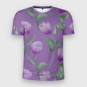 Мужская футболка 3D спортивная с принтом Фиолетовые тюльпаны с зелеными листьями в Белгороде, 100% полиэстер с улучшенными характеристиками | приталенный силуэт, круглая горловина, широкие плечи, сужается к линии бедра | 8 марта | flowers | leaves | nature | tulips | ботаническая иллюстрация | день рождения | зеленый | листья | природа | растения | тюльпаны | фиолетовый | цветы