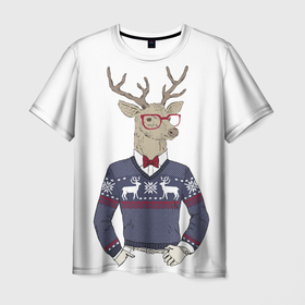 Мужская футболка 3D с принтом Олень в свитере 2022 в Белгороде, 100% полиэфир | прямой крой, круглый вырез горловины, длина до линии бедер | год | декабрь | зима | новый | одень | праздник | узор