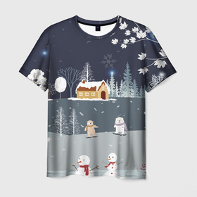 Мужская футболка 3D с принтом Снеговики и Мишки 2022 в Новосибирске, 100% полиэфир | прямой крой, круглый вырез горловины, длина до линии бедер | 2022 | год | дед | дети | зима | коньки | мишки | мороз | новый | праздники | радость | рождество | санки | санта | снег | снеговик | счастливого