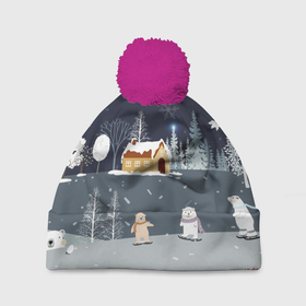 Шапка 3D c помпоном с принтом Снеговики и Мишки 2022 в Тюмени, 100% полиэстер | универсальный размер, печать по всей поверхности изделия | 2022 | год | дед | дети | зима | коньки | мишки | мороз | новый | праздники | радость | рождество | санки | санта | снег | снеговик | счастливого