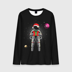 Мужской лонгслив 3D с принтом Астронавт с подарком Astronaut and Gift в Санкт-Петербурге, 100% полиэстер | длинные рукава, круглый вырез горловины, полуприлегающий силуэт | space | астронавт | дед мороз | звезда | космонавт | космос | новый год | планета | подарок | рождество | санта