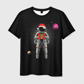 Мужская футболка 3D с принтом Астронавт с подарком Astronaut and Gift , 100% полиэфир | прямой крой, круглый вырез горловины, длина до линии бедер | Тематика изображения на принте: space | астронавт | дед мороз | звезда | космонавт | космос | новый год | планета | подарок | рождество | санта