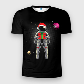 Мужская футболка 3D спортивная с принтом Астронавт с подарком Astronaut and Gift в Новосибирске, 100% полиэстер с улучшенными характеристиками | приталенный силуэт, круглая горловина, широкие плечи, сужается к линии бедра | space | астронавт | дед мороз | звезда | космонавт | космос | новый год | планета | подарок | рождество | санта