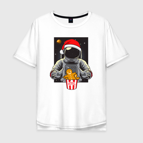 Мужская футболка хлопок Oversize с принтом Космонавт и Новогоднее печенье Cosmonaut and cookies , 100% хлопок | свободный крой, круглый ворот, “спинка” длиннее передней части | Тематика изображения на принте: space | астронавт | дед мороз | звезда | космонавт | космос | новый год | планета | подарок | рождество | санта