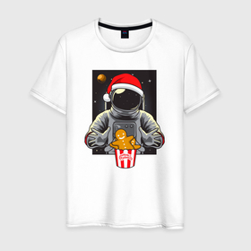 Мужская футболка хлопок с принтом Космонавт и Новогоднее печенье Cosmonaut and cookies , 100% хлопок | прямой крой, круглый вырез горловины, длина до линии бедер, слегка спущенное плечо. | space | астронавт | дед мороз | звезда | космонавт | космос | новый год | планета | подарок | рождество | санта