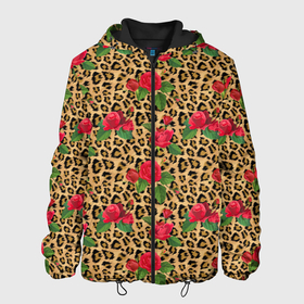 Мужская куртка 3D с принтом Шкура Леопарда в Цветах в Новосибирске, ткань верха — 100% полиэстер, подклад — флис | прямой крой, подол и капюшон оформлены резинкой с фиксаторами, два кармана без застежек по бокам, один большой потайной карман на груди. Карман на груди застегивается на липучку | Тематика изображения на принте: jaguar | leopard | ocelot | predator | гепард | дикая кошка | животное | зверь | кот | красота | леопард | леопардовые пятна | оцелот | розы | хищная кошка | хищник | цветник | цветы | ягуар