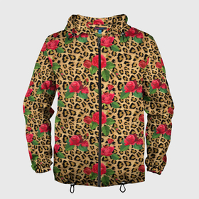 Мужская ветровка 3D с принтом Шкура Леопарда в Цветах в Екатеринбурге, 100% полиэстер | подол и капюшон оформлены резинкой с фиксаторами, два кармана без застежек по бокам, один потайной карман на груди | Тематика изображения на принте: jaguar | leopard | ocelot | predator | гепард | дикая кошка | животное | зверь | кот | красота | леопард | леопардовые пятна | оцелот | розы | хищная кошка | хищник | цветник | цветы | ягуар