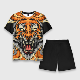 Мужской костюм с шортами 3D с принтом Символ года тигр в гневе ,  |  | Тематика изображения на принте: 2022 | большая кошка | животное | новый год | символ года | тигр | хищник